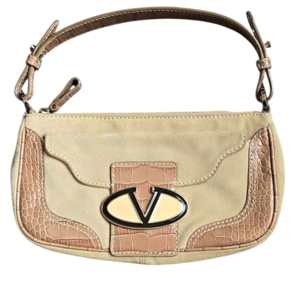 Valentino Garavani Hand Shoulder Bag Beige Suede Croc Leather Luxe *Authentic*